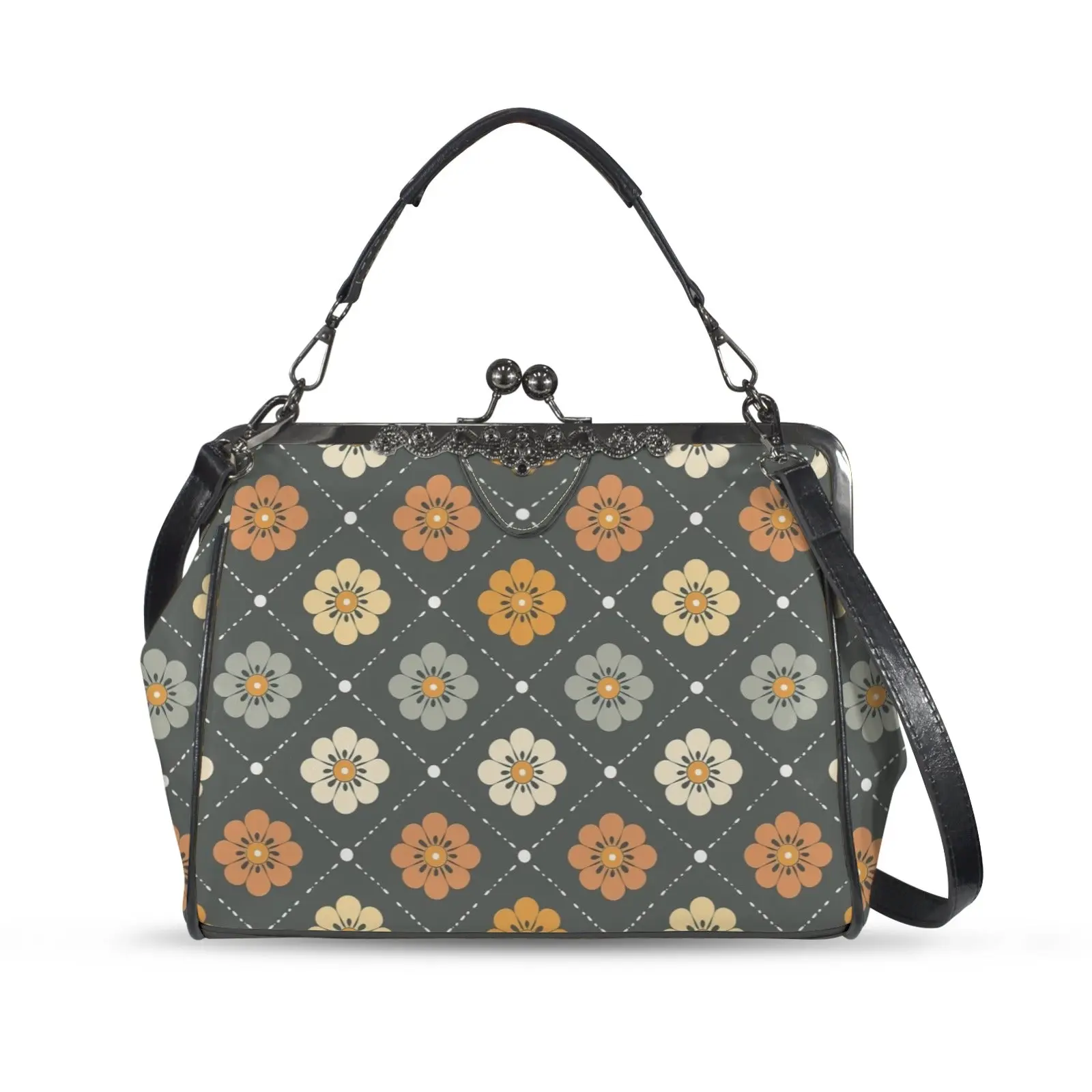 Scandinavian Floral, Mustard Yellow, Gray Mid Century Modern Kisslock Crossbody Purse