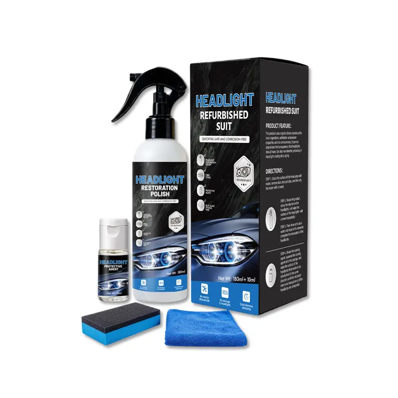 Car Headlight Refurbishing and Restoration Kit, Odorless Safe Formula with 180ml Spray and 10ml Protection Liquid, Easy Application without Disassembling for Yellowed Blurry Headlight Maintenance, Daily Commute Essential