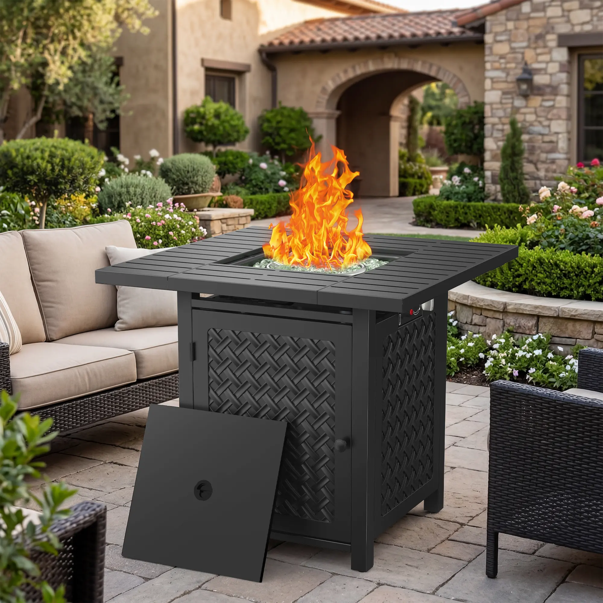FORIOUS 30-Inch Iron 2-in-1 Outdoor Propane Fire Pit Table (50,000 BTU) - Rectangle Pit with Glass Tabletop, Waterproof Cover, CSA Modern Safety for Backyard, Deck, Porch