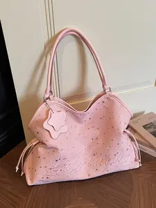 Sweet Cool Rhinestone Star Tote Bag, PU Tote Satchel, Large Capacity Commuter Shoulder Handbag, Preppy Style School Girl Sweet Tote Bag, Multiple Colors Available, Rhinestone Decorated Bag