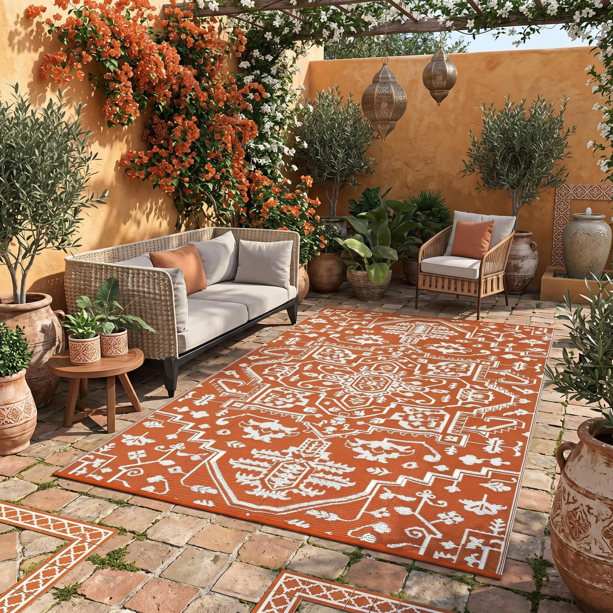 Bohemian Double-Sided Plastic Straw Outdoor Rug, Washable Foldable Dustproof Decorative Floor Mat for Patio, Garden, Deck, Beach and Picnic
