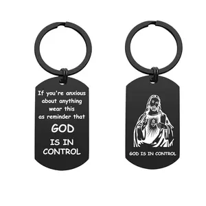 Saint Jesus Keychain for Men Women God Is In Control Religious Christmas Birthday Memorial Gift Baptism Confirmation Black Tag Design with Inspirational Message