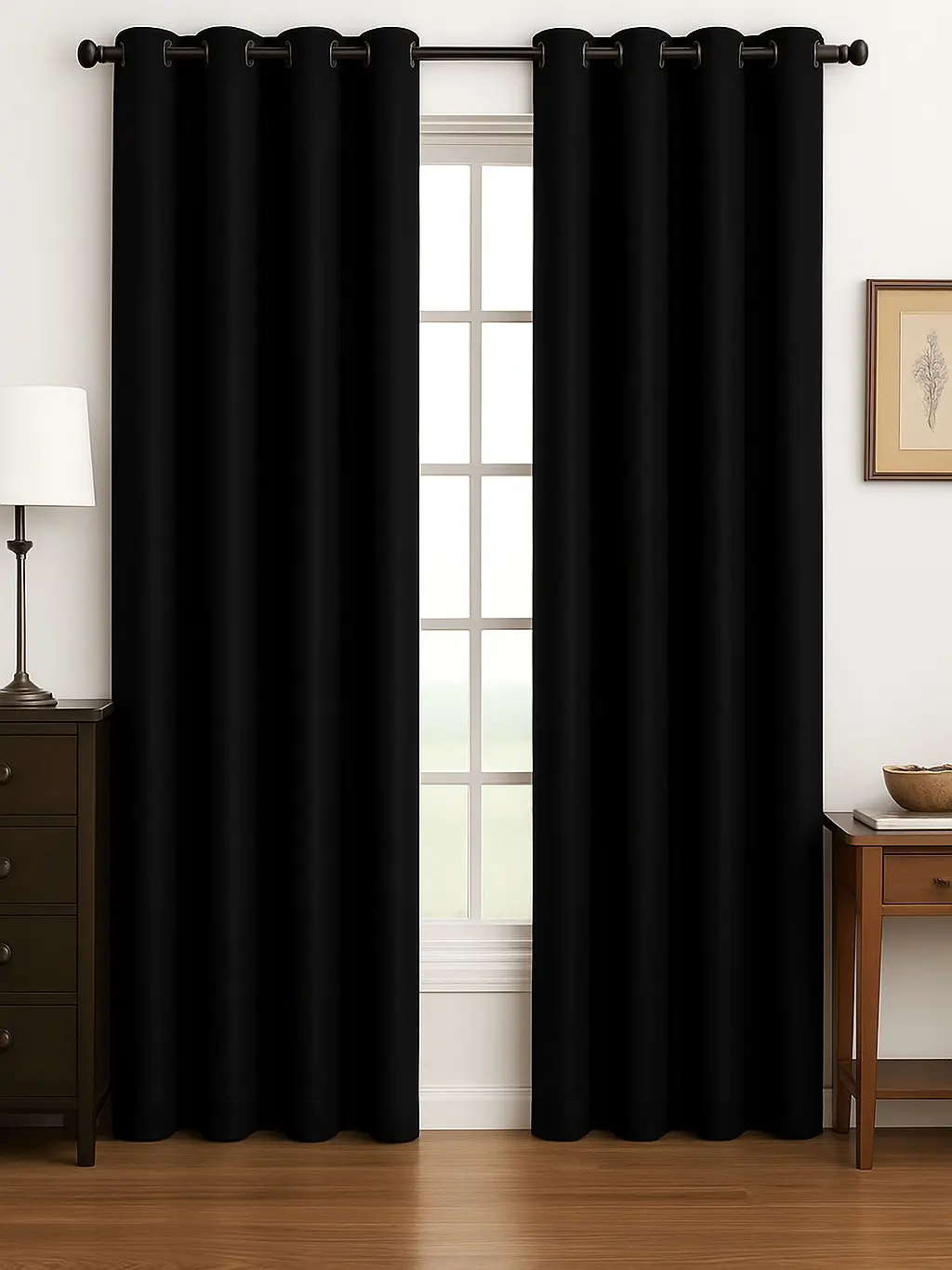 Luxury Glow Faux Silk Curtain Panel – 2 Panel Set, Each 54x84”, 8 Grommets, Elegant Light Filtering Drapes for Bedrooms Living Rooms -Black
