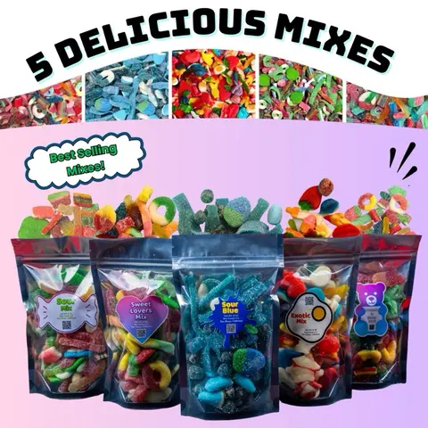 5-Pack Gummy Variety Mix Sampler Bundle - Half-Pound Candies Box with Fruity, Chewy, Sour & Exotic Non-Sour Treats - Popular Food and Snacks for Adults