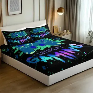 3pcs Neon Esports Themed Bedding Set, Game Controller Gamepad Printed Fitted Sheet Set, Suitable for Gamers Or Children'S Bedroom and Room Bed Decoration Full Size , Including 1 Fitted Sheet and 2 Pillowcases