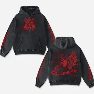 Retro Whispers of Sin Washed Black Gothic Hoodie Cotton With Demon Tribal, Dark Streetwear Graphic Shirt, Dark Art Clothing Motorcycle Motorbike Supermotor Fan Gear