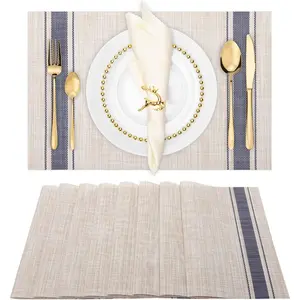 Placemats, Set of 8 Heat Resistant Stain Resistant Non-Slip Woven Vinyl Insulation Placemats, Washable Durable Elegant Table Mats for Dining (Beige Blue)