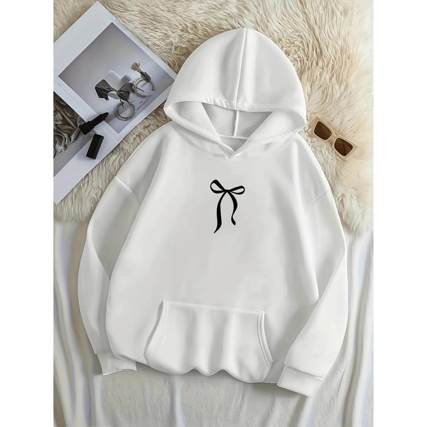 Womens Fashion Trendy Bow Pattern Kangaroo Pocket Warm Lined Hooded Sweatshirt