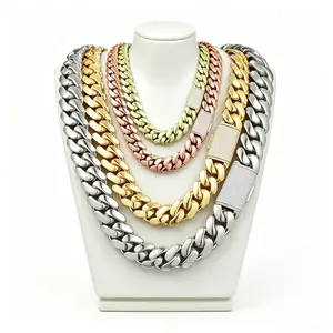 Miami Cuban Link Chain Necklace, 18K Gold Plated Stainless Steel Diamond Clasp Hip Hop Jewelry For Men Women