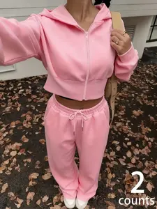 Short Hooded Zipper Fitted Long Sleeve Cardigan Set with Long Pants, Comfortable Casual Homewear for Daily Wear, Fashion Design for Trendy Women