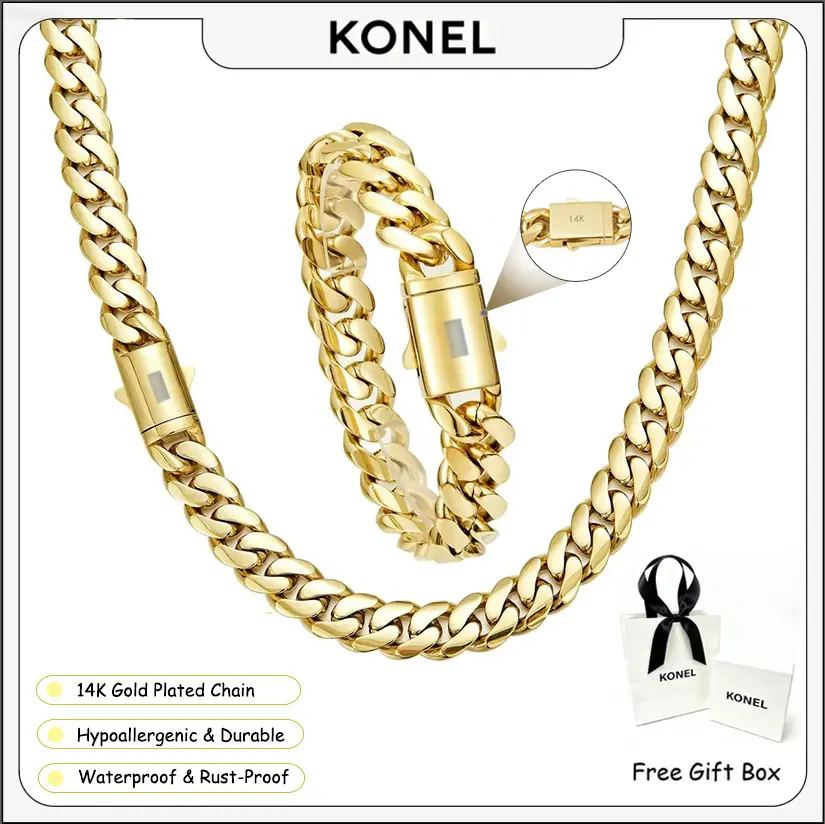 Konel [Set] 14K Real Gold-plated Miami Cuban Necklace and Bracelet Set. Utilizing the latest electroplating technology, it is resistant to rust and friction. It is the perfect gift for both boys and girls during the school season. Dimensions: 6mm - 14mm