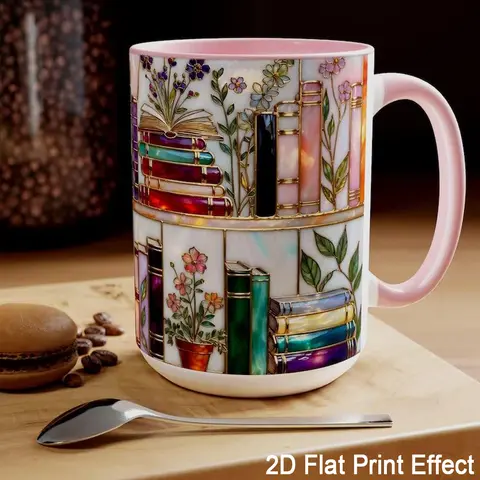 1PC Floral Bookshelf 15oz 11oz Mug, Book Lover Gift, 2D Flat Printed Stained-Glass Effect Bookish Mug, Library Cup, 11oz Tea Cup, Large Ceramic Mug, Coffee Mug, Gift for Friends, Kitchen Drinkware, dealsforyou, summerwins, midyearsale, dealsforyoudays