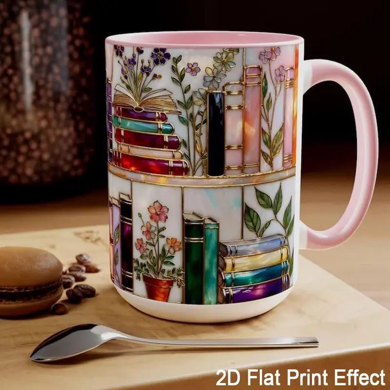 1PC Floral Bookshelf 15oz 11oz Mug, Book Lover Gift, 2D Flat Printed Stained-Glass Effect Bookish Mug, Library Cup, 11oz Tea Cup, Large Ceramic Mug, Coffee Mug, Gift for Friends, Kitchen Drinkware, dealsforyou, summerwins, midyearsale, dealsforyoudays