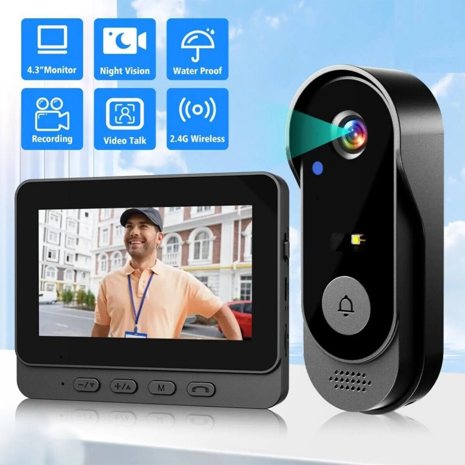 Wireless Video Doorbell with 4.3 Inch Color Screen, Night Vision, Waterproof Design, Long Battery Life, Supports Video Call & Two-Way Audio