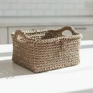 Handmade Crochet Square Storage Basket with Handles - 7.5" x 7.5" x 4"
