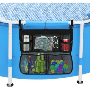 Pool Float Storage Net, Double Layers Above Ground Pool Hanging Organizer with 5 Mesh Pockets, 24 x 20 Inch Poolside Storage Mesh Bag for Pool Toys, Floats and Beach Balls