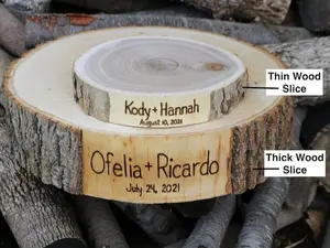Personalized Wood Wedding Cake Stand, Hand Wood Burning, Thick or Thin Rustic Wood Slices