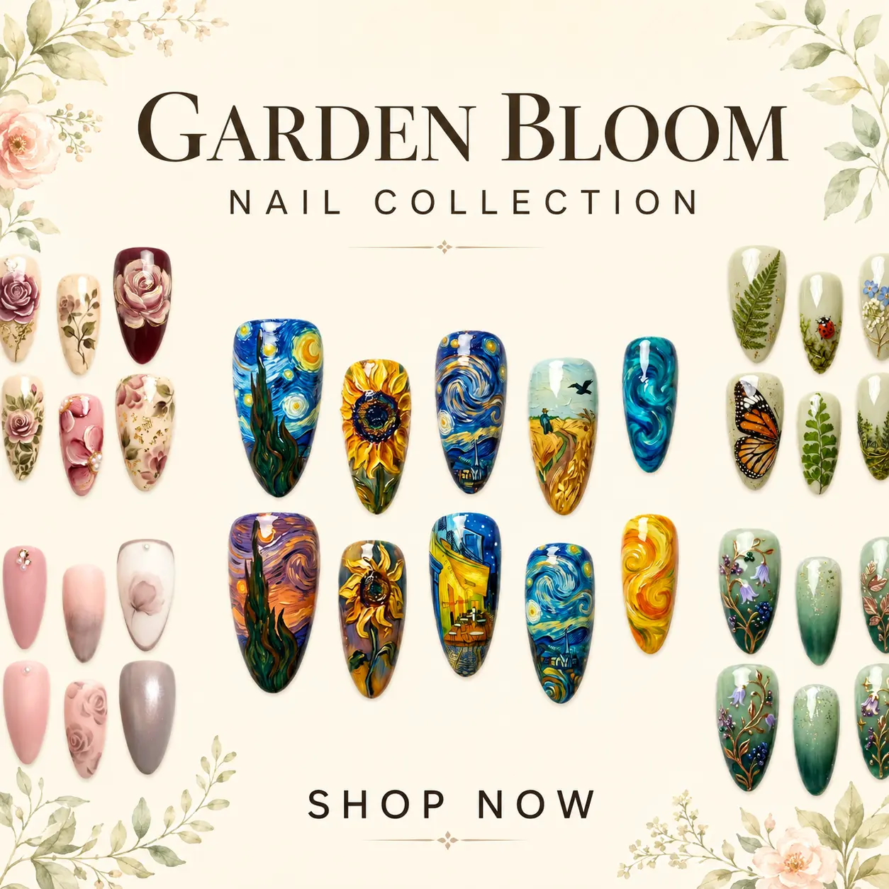 Floral Garden - Handmade Press-On Nails | Reusable, Salon-Quality, Long-Lasting, Glossy Design