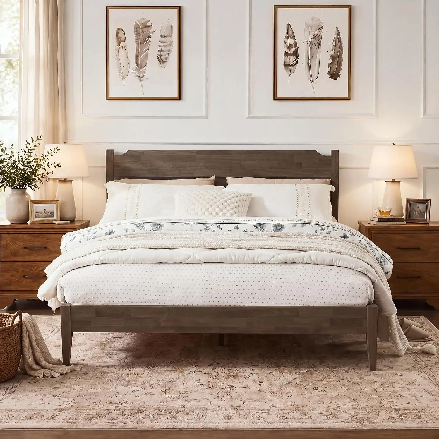 Rectangular Solid Wood Platform Bed Frame with Headboard - King/Queen Size, 1100 Lbs Heavy Duty Rubberwood, 15-Min Tool-Free Assembly, Quiet Stable Support, Japanese Japandi Design, No Box Spring Needed, Ideal for Couples/Family