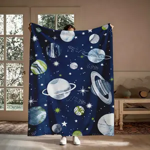 Watercolor Solar System Outer Space Pattern Blanket, 1 Count Soft Warm Flannel Throw Blanket, Cozy Nap Blanket for Kids Bedroom