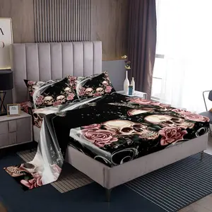 Rose Skull Fitted Sheet,Gothic Skull Bedding Sheets for Boys Girls,Horror Skeleton Design Bed Sheet Set,Bedroom Decor Retro Vintage Bed Cover