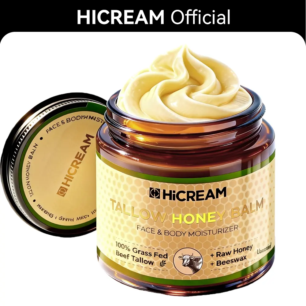 Hicream Grass-Fed Beef Tallow Honey Balm – Deep Moisture Repair for Dry & Sensitive Skin, Natural Face & Body Moisturizer, 4oz