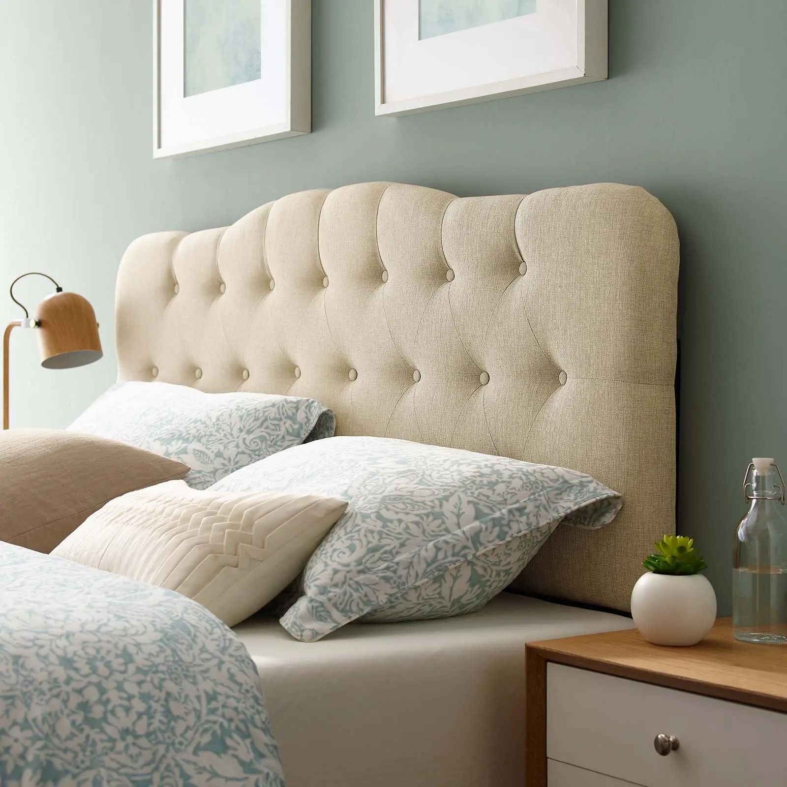 Modway Annabel Queen Tufted Upholstered Fabric Bedroom Furniture Headboard, Beige, Tufted Headboard