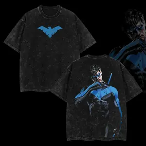 Vintage Nightwing Dick Grayson Wash Black Graphic T-Shirt - DC Comics Superhero Bat Family Merch - Streetwear Anime style Emo Oversized Tee - Men Women