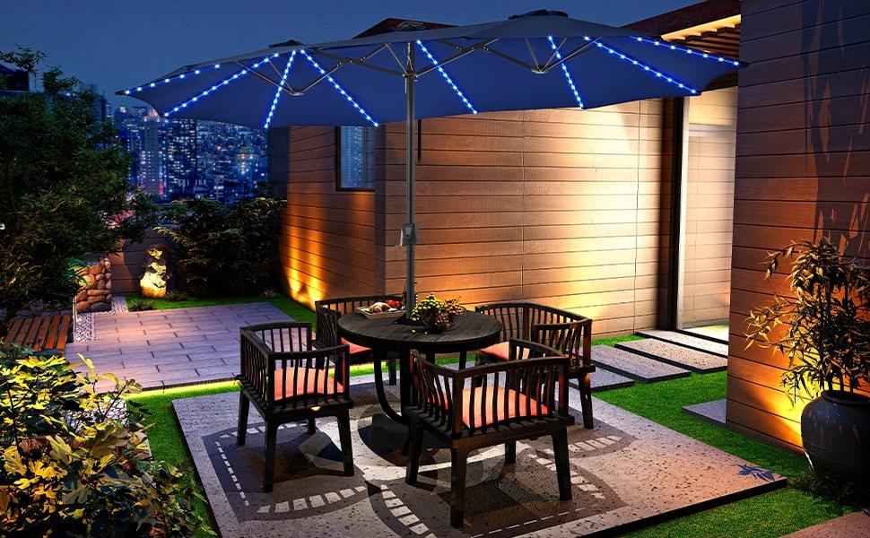 【12 Light Model Umbrella】Yaheetech 13ft Patio Parasol with Multi-Mode LED Lights Strips and Base Stand Triple-Vented Outdoor Umbrella
