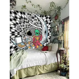 Alien Printed Tapestry Wall Hanging, Extraterrestrial UFO Room Decor Flag, Psychedelic Space Art for Bedroom and Dorm, Retro Futurism Wall Art Banner, Trippy Sci-Fi Home Decor Aesthetic