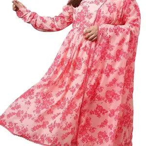 Plus Size Peach Georgette Floral Kurta with Palazzo and Dupatta