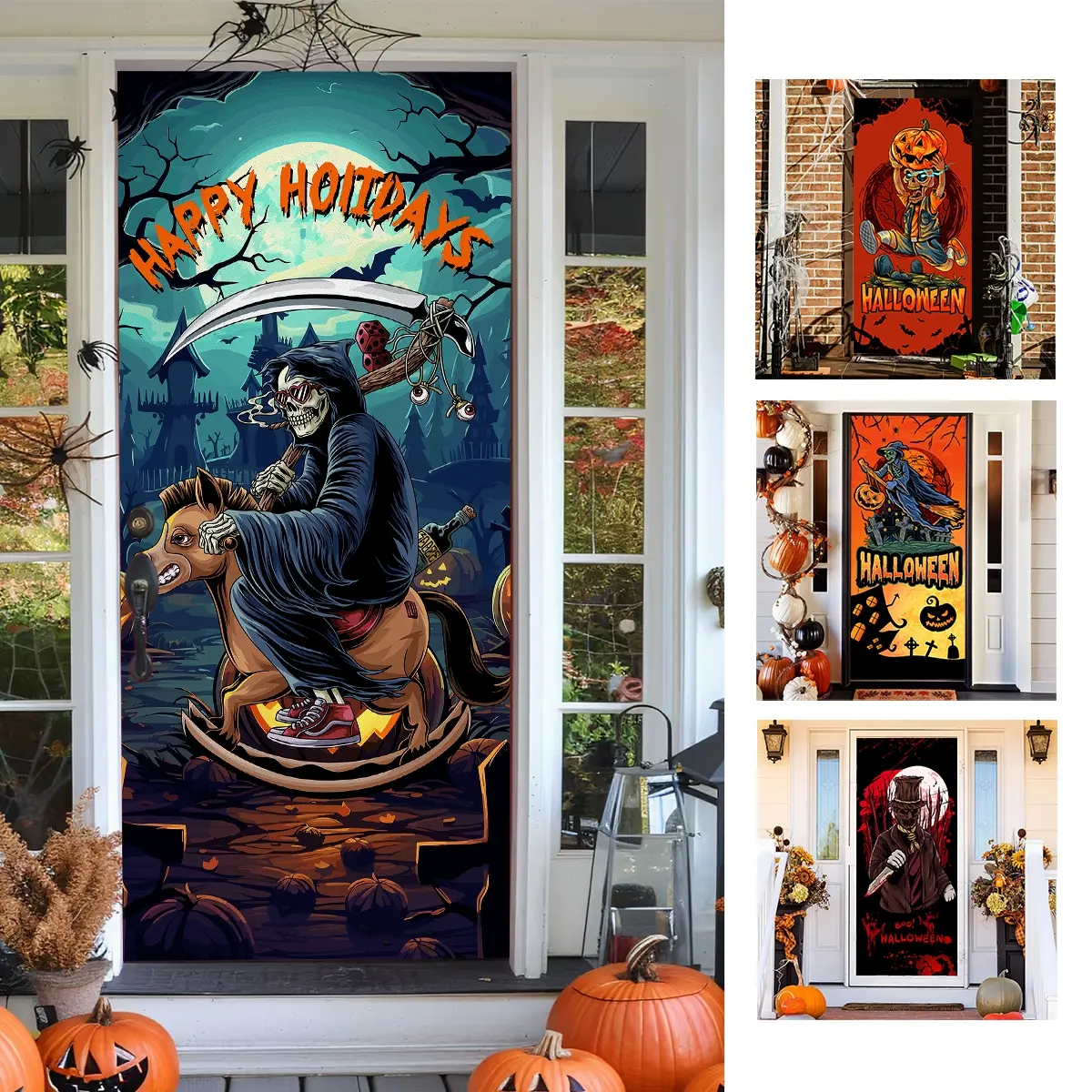 Halloween Skull Door Stickers Roll, Horror Style, Self-Adhesive Large Size, Bloodstain Skeleton Design, Festive Decoration