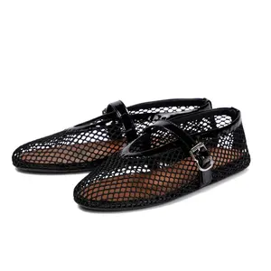 Mesh Ballet Flats for Women Fishnet Ballerina Flats Buckle Strap Mesh Ballet Shoes
