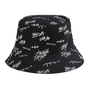 AWAYTR Reversible Summer Bucket Cap Double-Sided Fisherman Hat Trendy Letter Printing Sun Hat Hip Hop Hat for Men and Women