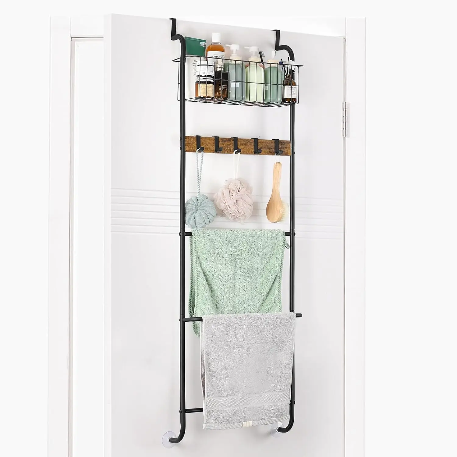 5-Tier Over The Door Towel Rack with Basket & Hooks, Bathroom Door-Mounted Holder for Towels, Clothes & Toiletries (Brown and Black)