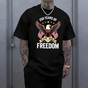 U.S. 250th Anniversary T-Shirt featuring a powerful soaring eagle paired with dual flag prints, retro freedom-themed design, pure cotton loose fit, street-style men’s short sleeves—a unique, versatile casual top.