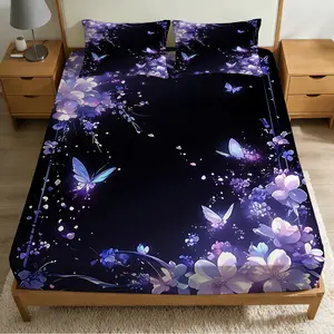 2/3Pcs Dreamy Butterfly Night Scene Pattern Fitted Sheet Set(1*Fitted Sheet+1/2*Pillowcase, No Filling),High-Definition Digital Printed ,100% Polyester Fiber,Machine Washable,With Zipper,A Perfect Gift For Family And Friends All Year Round! Floral Sheets