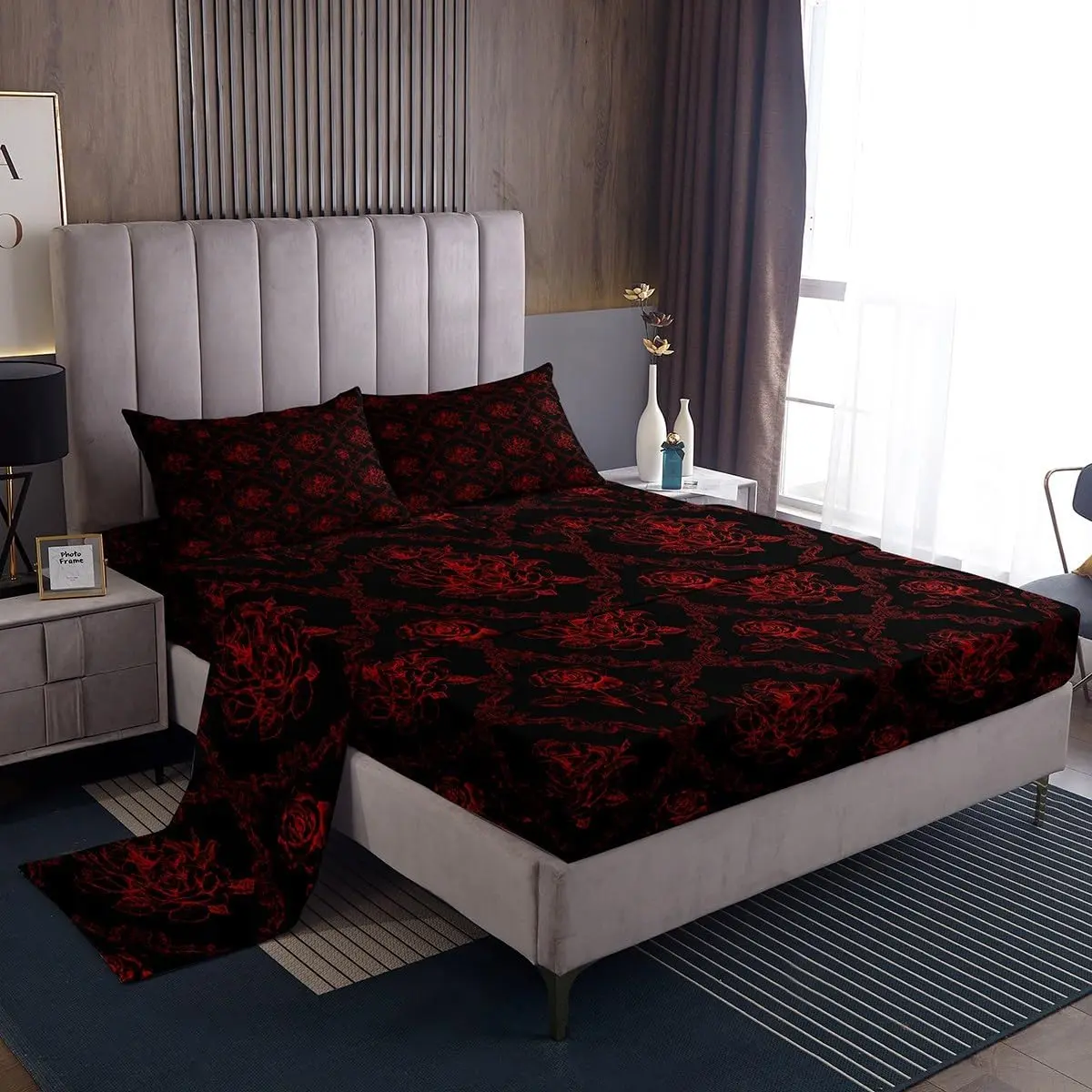 Adults Gothic Sheet Set Vintage Rose Sheets Deep Pocket Fitted Sheet Red Black Damask Bed Sheets Set Luxury Floral Flower Bedding Set Room Decorations Bed Set