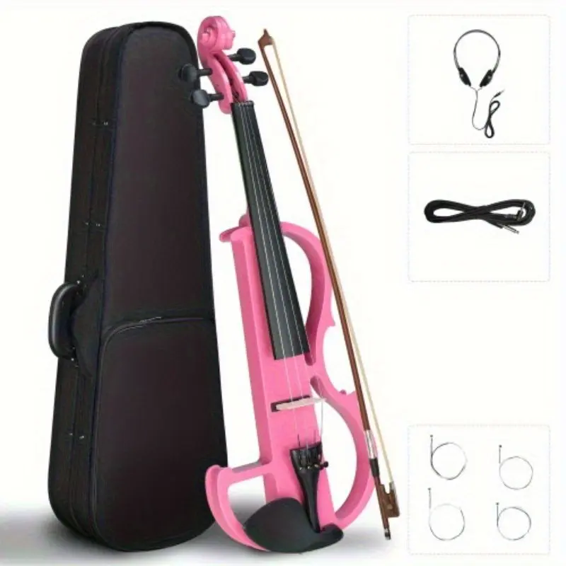 4/4 Full Size Bunnel Edge Electric Silent Solid Body Violin, 3-Band EQ, Pink/Piano Black Finish, Solid Wood Construction - Includes Case, Bow, Headphones & Accessories for Silent Practice, Performances, Solid Body Violins