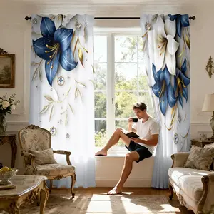 Elegant Blue Lily Curtains Set of 2 with Details, Semi-Transparent Design for Living Room Bedroom Hotel Modern Home Decor Window Curtain