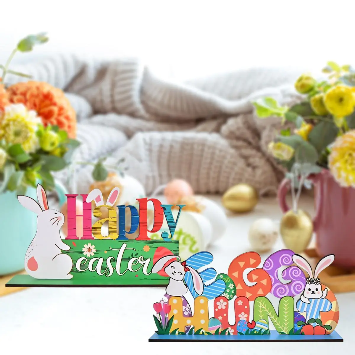 Easter Themed Wooden Decoration, 1 Set Happy Easter Decoration, Cute Rabbit Egg Carrot Pattern Decorative Ornament, Home Decor Supplies