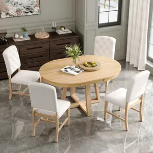[Bellemave] 5-Piece Retro Extendable Dining Set, Round Table with a 16"W Leaf and 4 Upholstered Chairs for Dining Room and Living Room