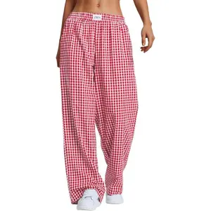 Women’s striped gingham boxer pants, cotton pajama lounge casual plaid trousers, Y2K beach bottoms with pockets