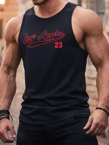 Men’s Casual Sports Fitness Printed Los Angeles Slim-Shoulder Tank Top — Fashionable, Versatile Sleeveless T-Shirt for Summer