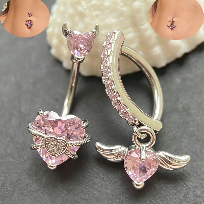 14G Pink Floating Navel Belly Piercing Sexy Short Style Belly Button Rings Stainless Steel Belly Piercing Jewelry Set