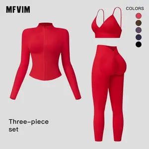 MFVIM Women’s 3-Piece Gym Clothes Set - V-Waist Tummy Control Long Pants, Sports Breathable Lightweight Athletic Outfits for Yoga, Gym, Athleisure & Athletic Workout Clothing
