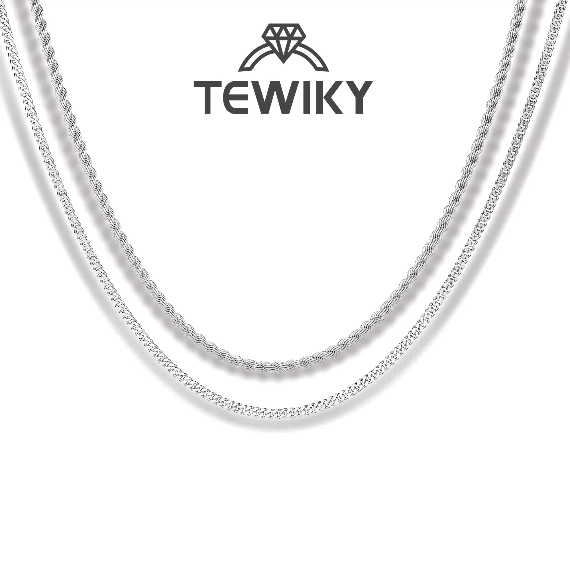 Tewiky Greenish Spring Jewelry  2Pcs Chain Necklace - Layered Sterling Silver Cuban Link Rope Necklaces Set Simple Jewelry Gift 18-28 Inches Present Jewelry for Men,Valentine's Day Gift