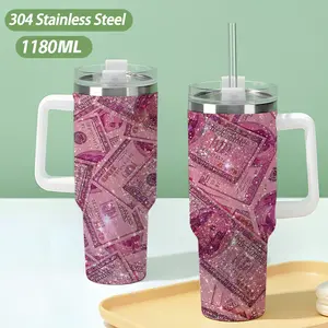 40oz large capacity car watter bottles with lid and handle, 304 stainless steel insulated tumbler with Pink Shiny Dollars pattern, suitable for car, office, travel and birthday gifts