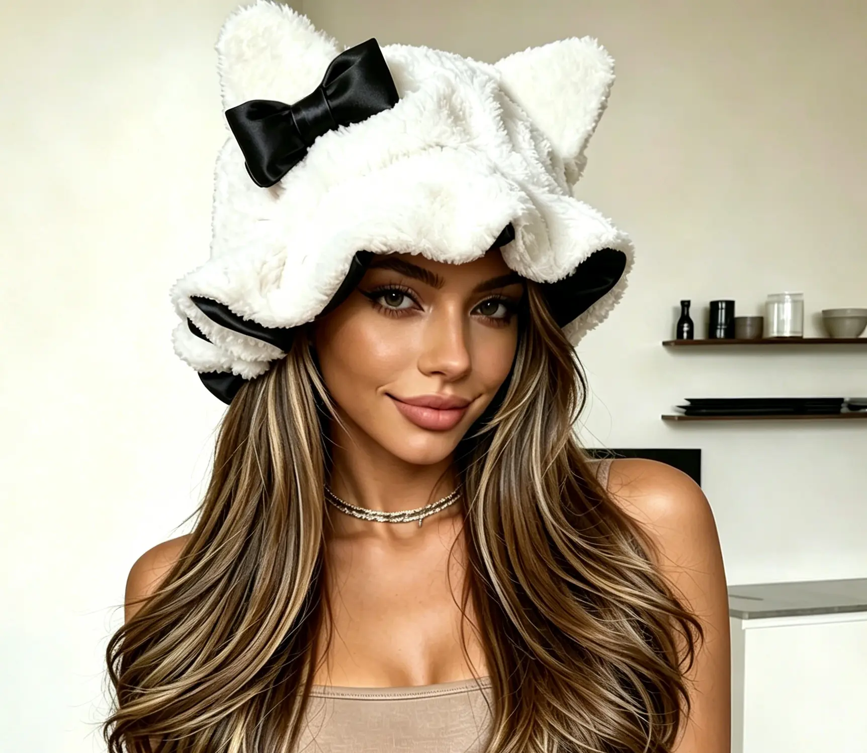 New Arrival!!! Luxurious Black  Bear Hat with Silk Lining - Adjustable Strap, 3D Fluffy Texture Plush Sleep Bonnet, Stylish and Cozy for Hair Care, Holiday Party, Daily Wear & Winter Travel for Women(Black) Luxury Double-Layer Teddy