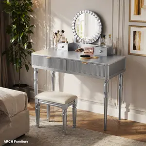 Classic Height-Adjustable Luxury Vanity Desk Set with Round Mirror, 4 Drawers, Strip Flutes, Pre-Assembled Solid Wood Dressing Table and Stool, Silver, Four Drawers